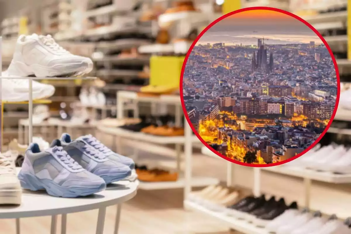 Fotomontaje con una imagen de fondo de una tienda de zapatos y al frente una redonda roja con la ciudad de Barcelona