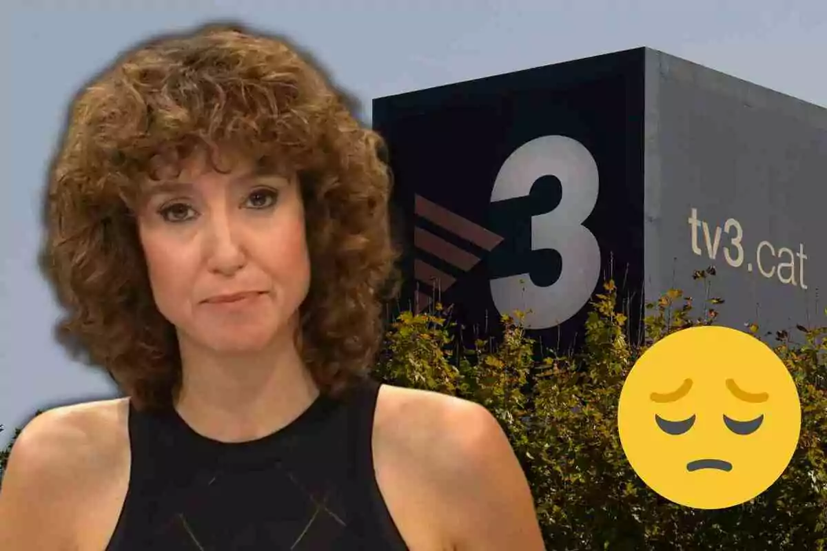 Fotomontaje con una imagen de fondo de los estudios de TV3, al frente Agnès Marquès y un emoji triste