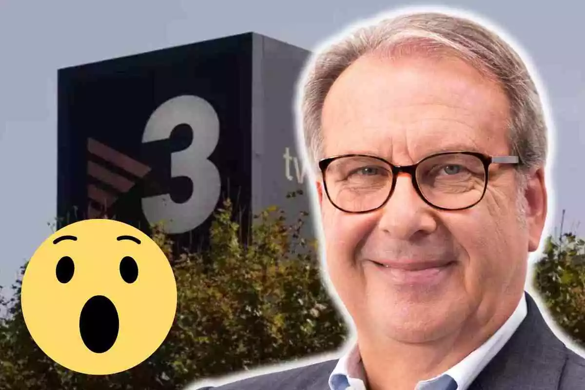 Fotomontaje con una imagen de fondo del logo de TV3 y al frente Josep Cuní y un emoji con cara sorprendida