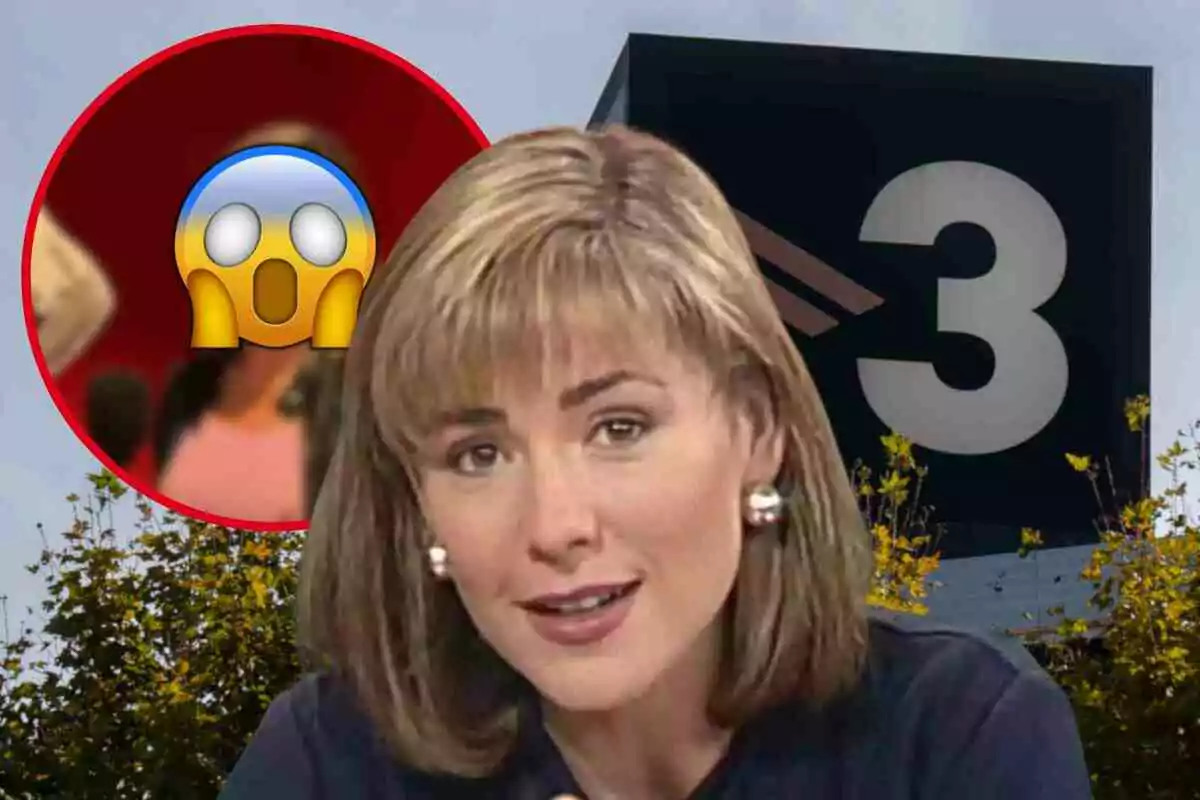 Mari Pau Huguet frente a un logotipo de TV3 con un emoji de sorpresa en el fondo.