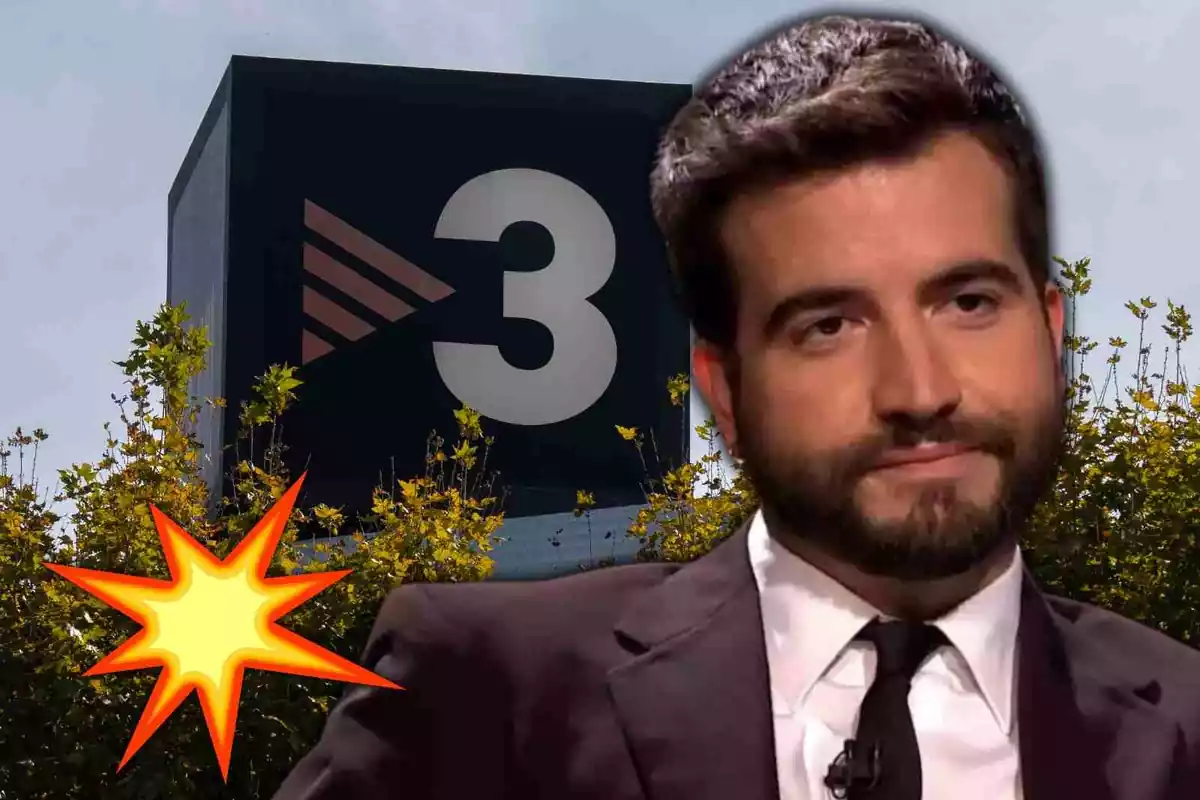 Fotomontaje con un fondo del logo de TV3, Ricard Ustrell al frente y un emoji de explosión