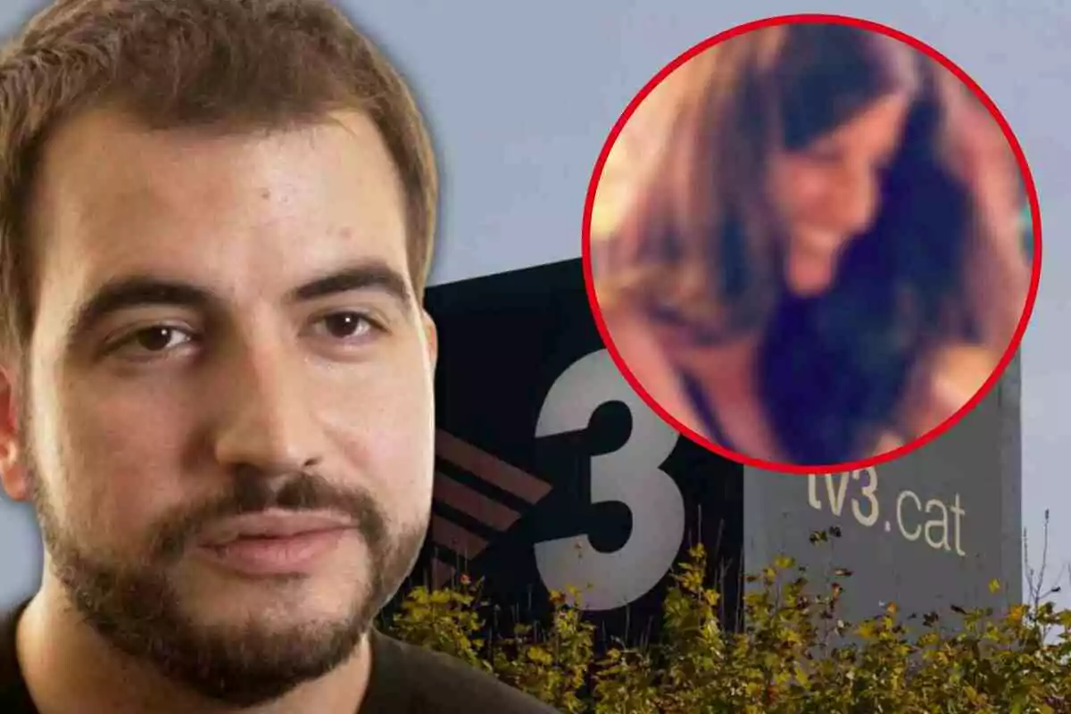 Ricard Ustrell con barba aparece en primer plano, mientras que en el fondo se ve un edificio con el logotipo de "tv3.cat" y una imagen borrosa de Gemma Tarragó dentro de un círculo rojo.