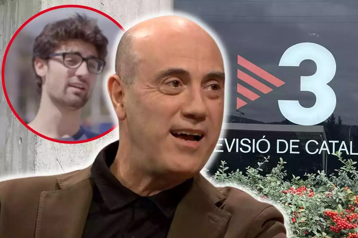 Fotomontaje con un fondo de TV3, Tomàs Molina al frente y una redonda roja con la imagen de su hijo, Pol Molina