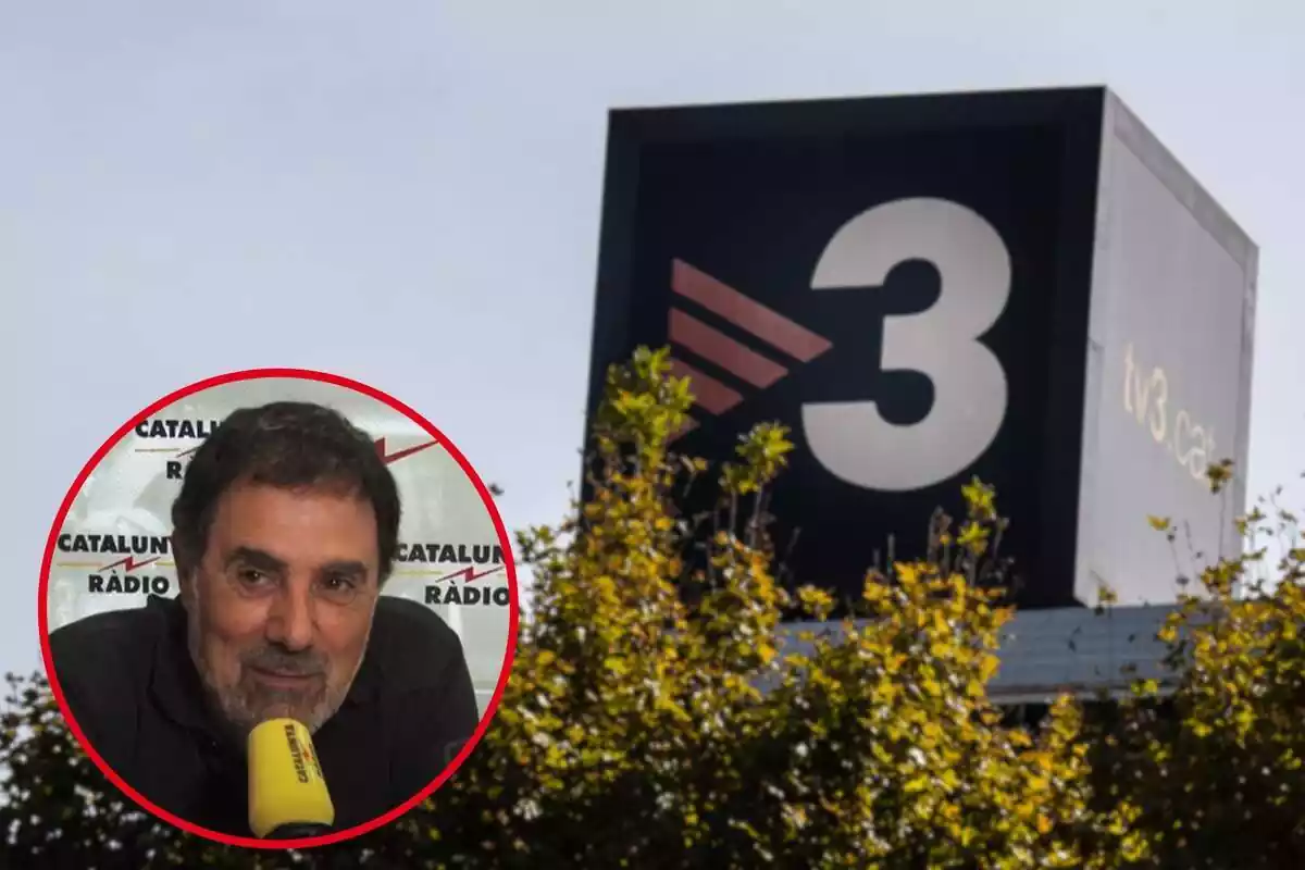 Fotomontaje con un fondo del logo de TV3 en los estudios de Sant Joan Despí y una redonda roja con el rostro de Toni Cruz