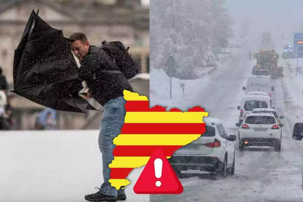 Hombre luchando contra el viento con un paraguas invertido a la izquierda y una carretera nevada con tráfico a la derecha superpuesto con un mapa de Cataluña y un icono de advertencia.