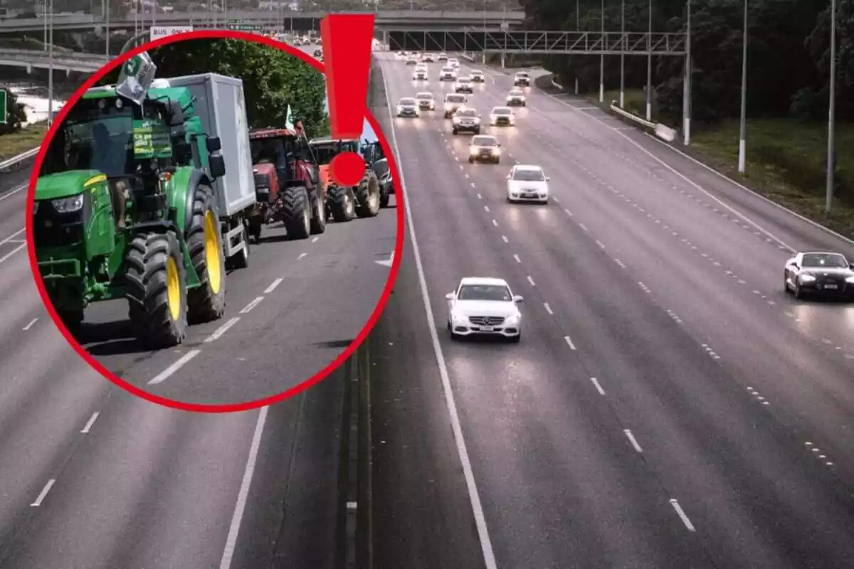 fotomontaje de una foto de una autopista con coches y una foto de una tractorada con un signo de exclamación