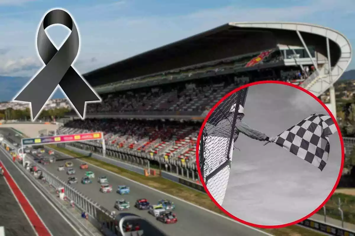 Fotomontaje con dos imágenes del Circuito de Barcelona-Cataluña y un lazo de luto