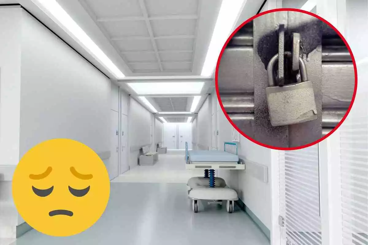 Fotomontaje con una imagen de fondo de un hospital, una redonda roja con un candado y un emoji apesumbrado