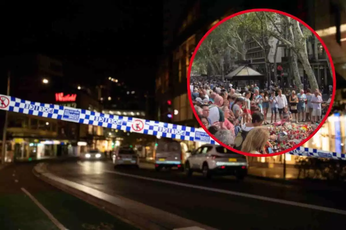 Fotomontaje con una foto de fondo de la tragedia de Sydney con un cordón policial y al frente una redonda roja con el homenaje del atentado de Las Ramblas de Barcelona