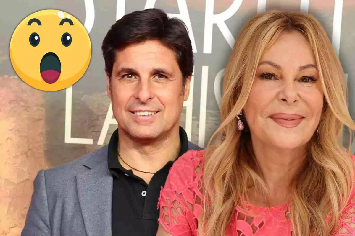 Ana Obregón y Fran Rivera sonrientes posan frente a un fondo con letras, junto a un emoji de cara sorprendida.