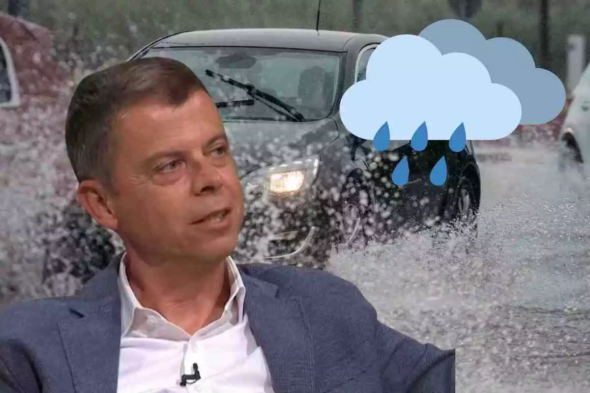 Fotomontaje de Francesc Mauri al frente con un emoji de una nube con lluvia y de fondo un coche en un temporal