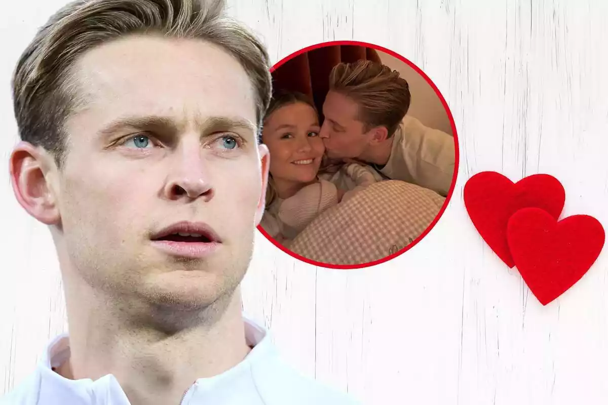 Fotomontaje de Frenkie de Jong con una imagen de su pareja y su hijo y un fondo con dos corazones