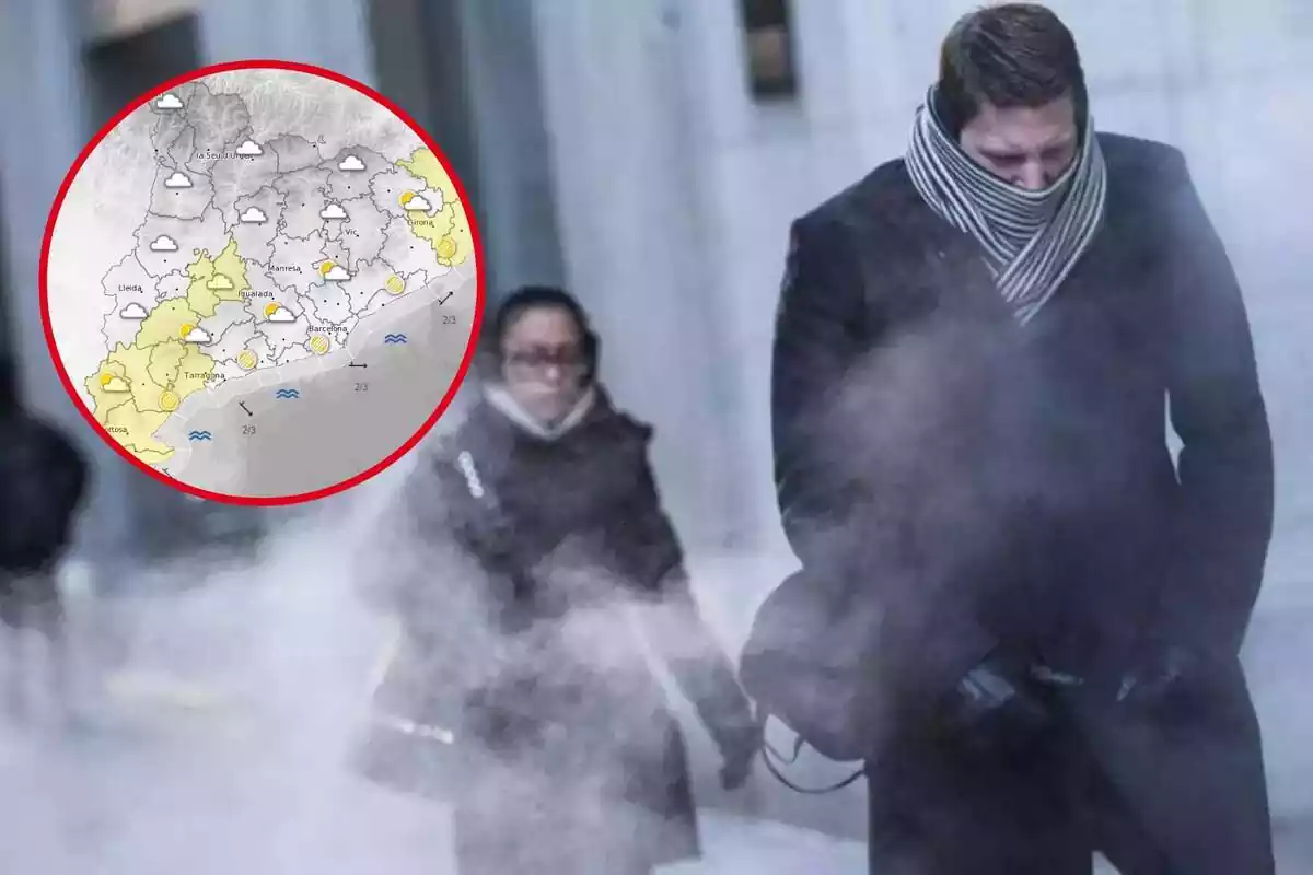 Montaje fotográfico entre una imagen de dos personas con mucho frío y un mapa del Meteocat