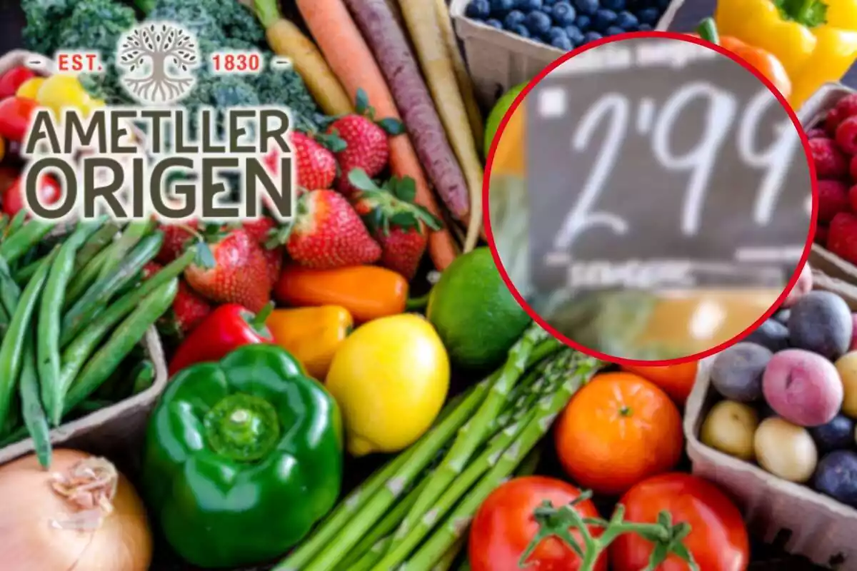 Fotomontaje con una imagen de fondo de fruta y verdura y al frente el logo de Ametller Origen y una redonda roja con la procedencia de la sandía