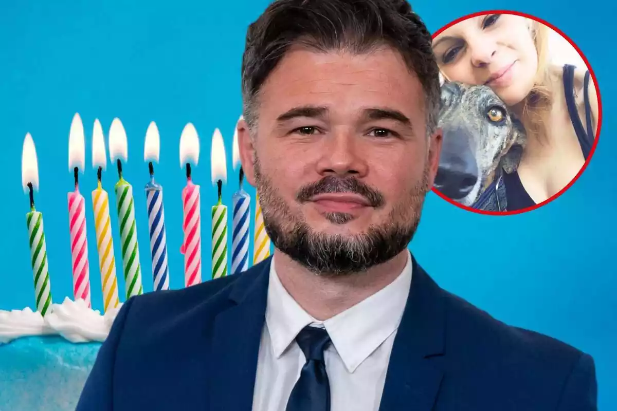 Fotomontaje de Gabriel Rufián con una imagen de su expareja, Mireia Varela, y un pastel de cumpleaños