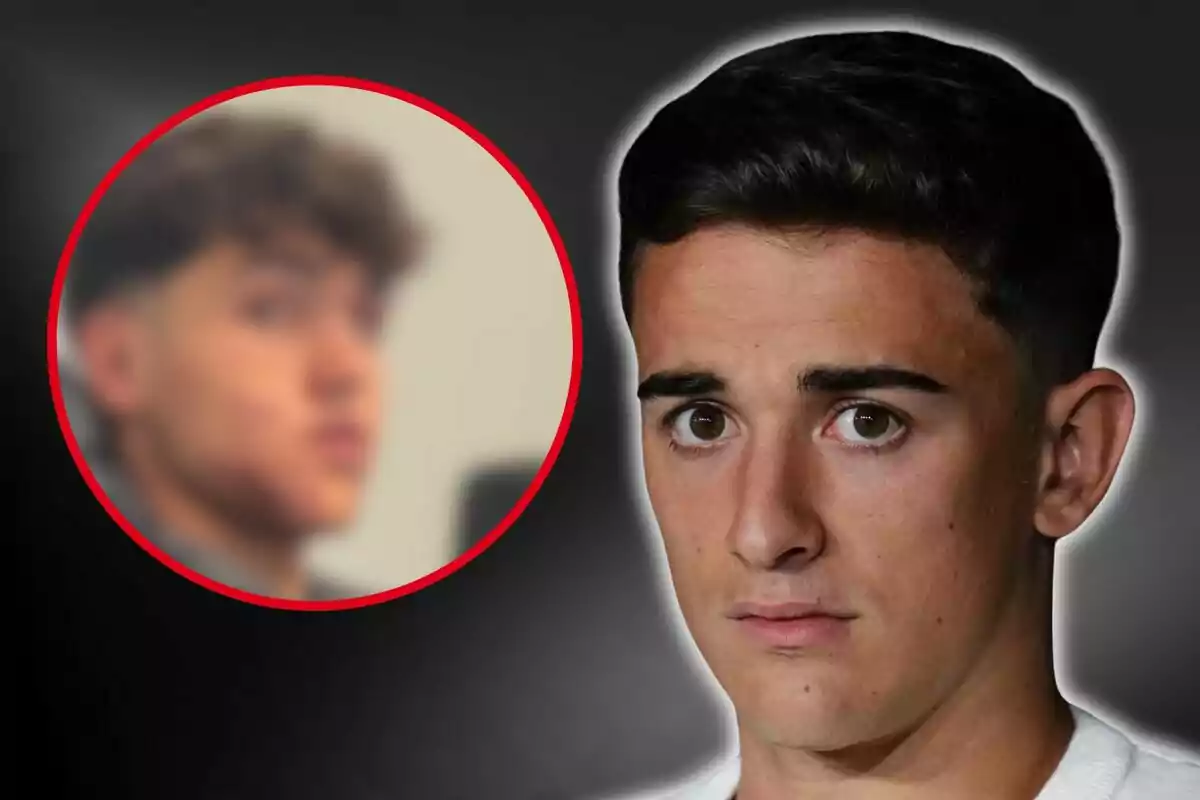 Un joven con expresión seria en primer plano y un rostro desenfocado en un círculo rojo al fondo.