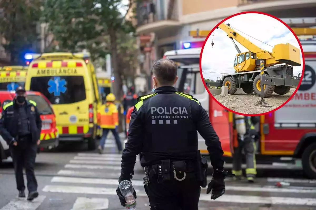 Fotomontaje de un agente de la Guardia Urbana de Barcelona con una imagen de una grúa