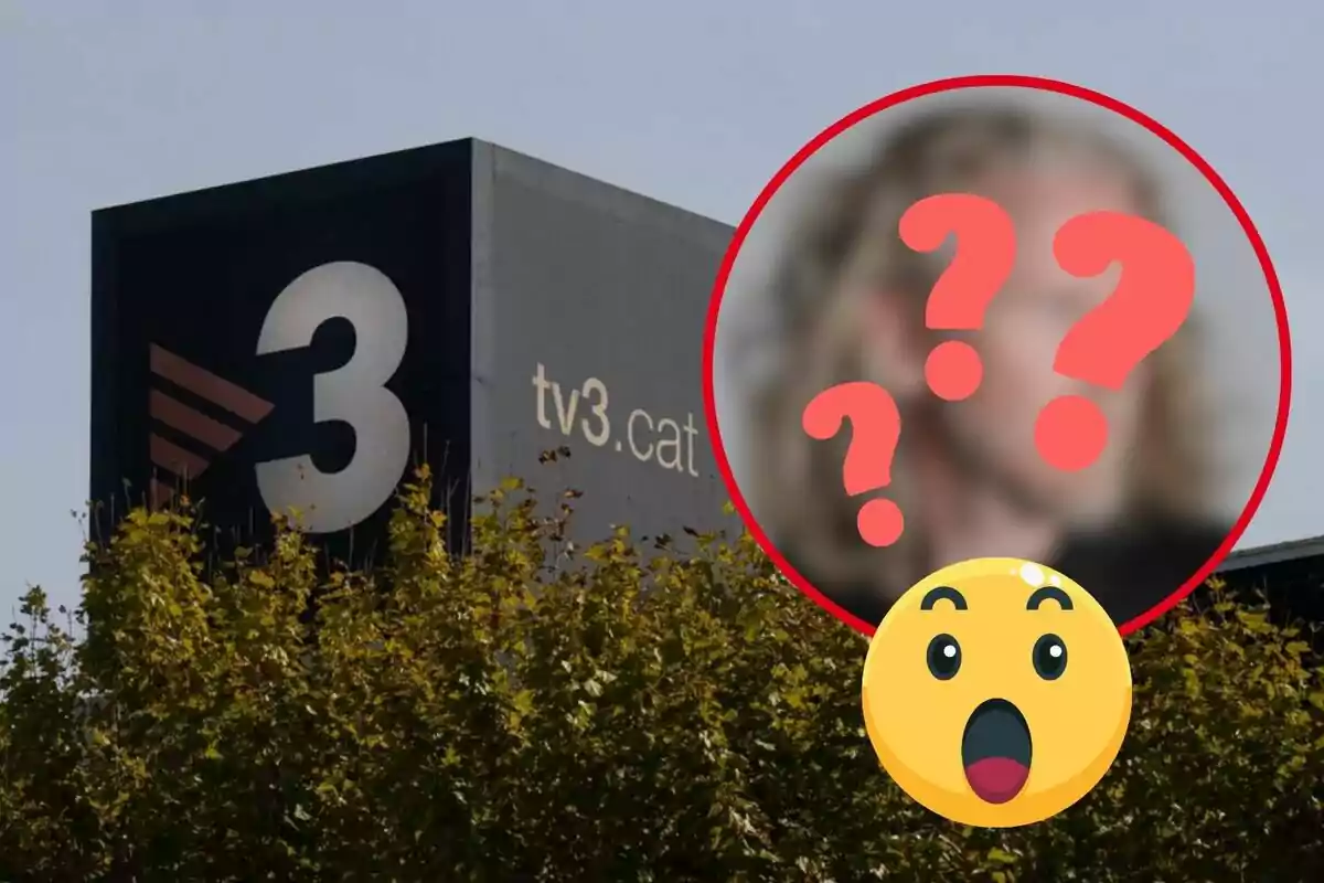 Edificio de TV3 con una imagen borrosa de una persona y un emoji sorprendido superpuesto