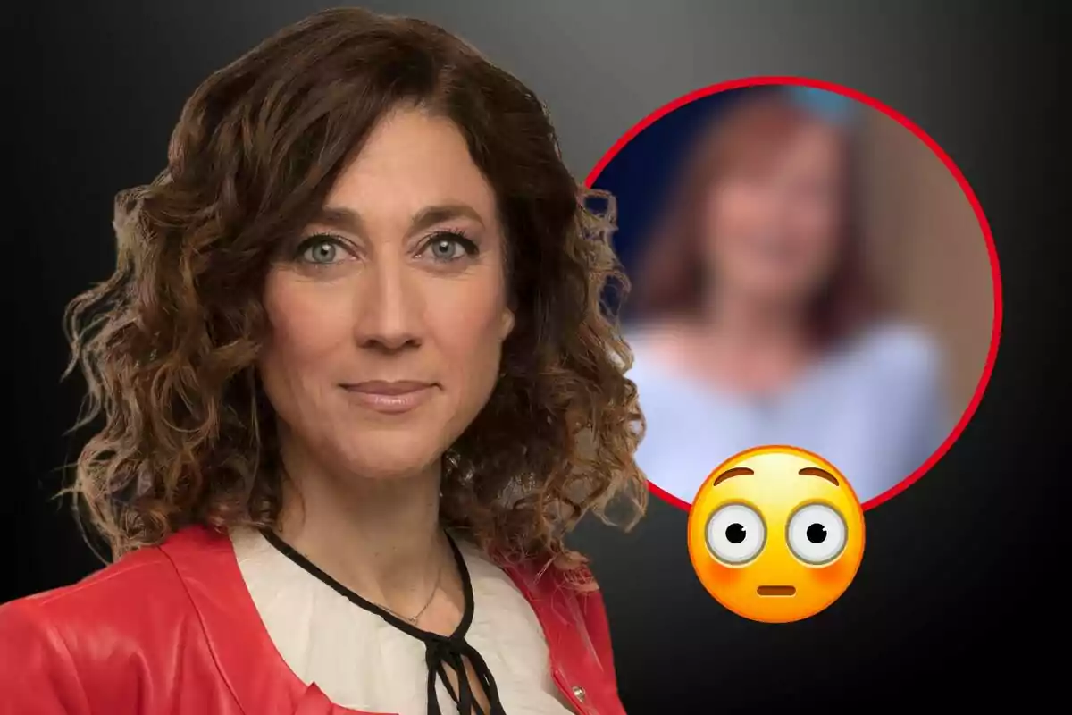 Una mujer con cabello rizado y una chaqueta roja aparece en primer plano, mientras que en el fondo hay una imagen borrosa de otra persona dentro de un círculo rojo con un emoji de cara sorprendida.