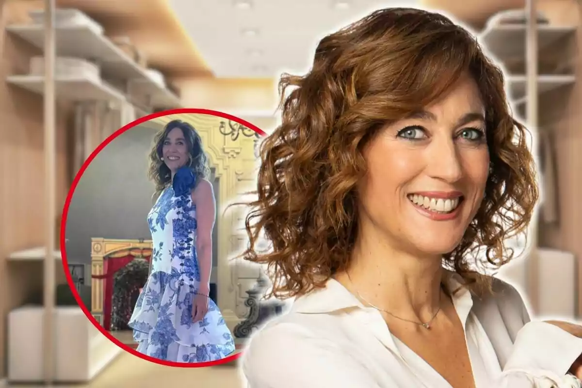 Una mujer sonriente con cabello rizado y castaño claro, vestida con una blusa blanca, aparece en primer plano, mientras que en un círculo rojo al fondo se muestra a la misma mujer con un vestido blanco y azul con estampado floral.