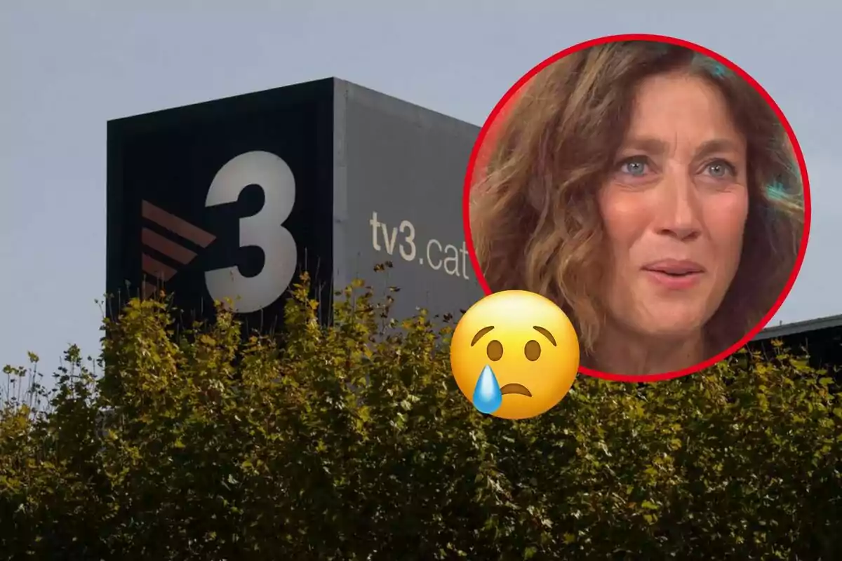 Una mujer con expresión triste y un emoji llorando sobre una imagen del edificio de TV3.