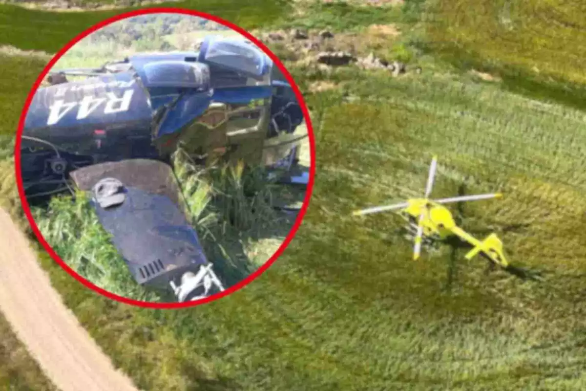 Fotomontaje de un helicóptero medicalizado en Vilanova de l'Aguda y una redonda roja al frente con el helicóptero accidentado