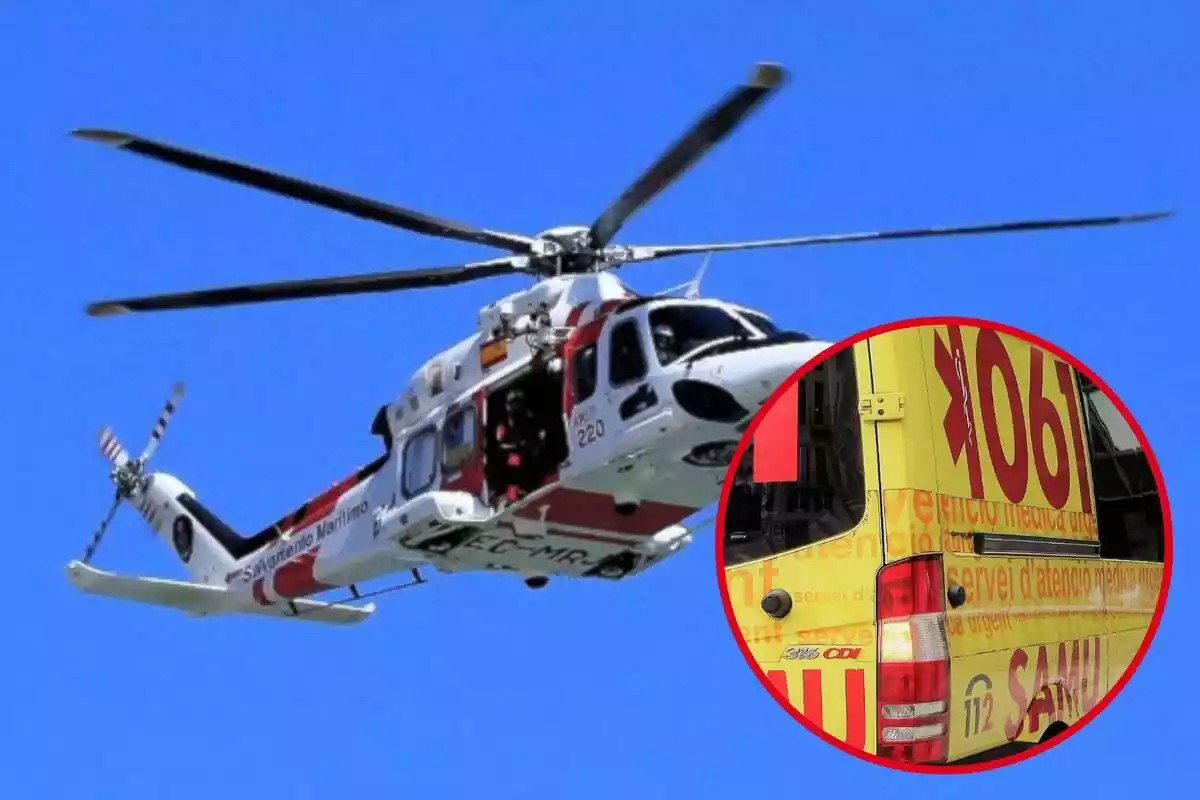 Fotomontaje con una imagen de fondo de un helicóptero de Salvamento Marítimo y una redonda roja con una ambulancia del SAMU