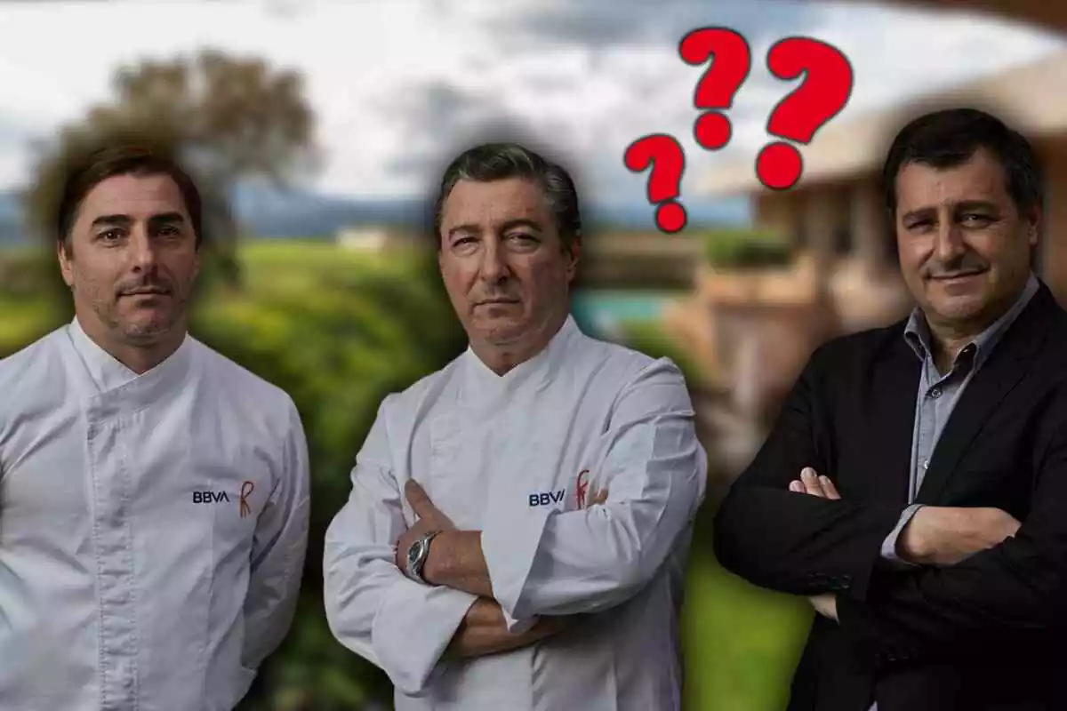 Fotomontaje con una imagen del restaurante Esperit Roca y al frente los tres hermanos Roca y signos de interrogación rojos