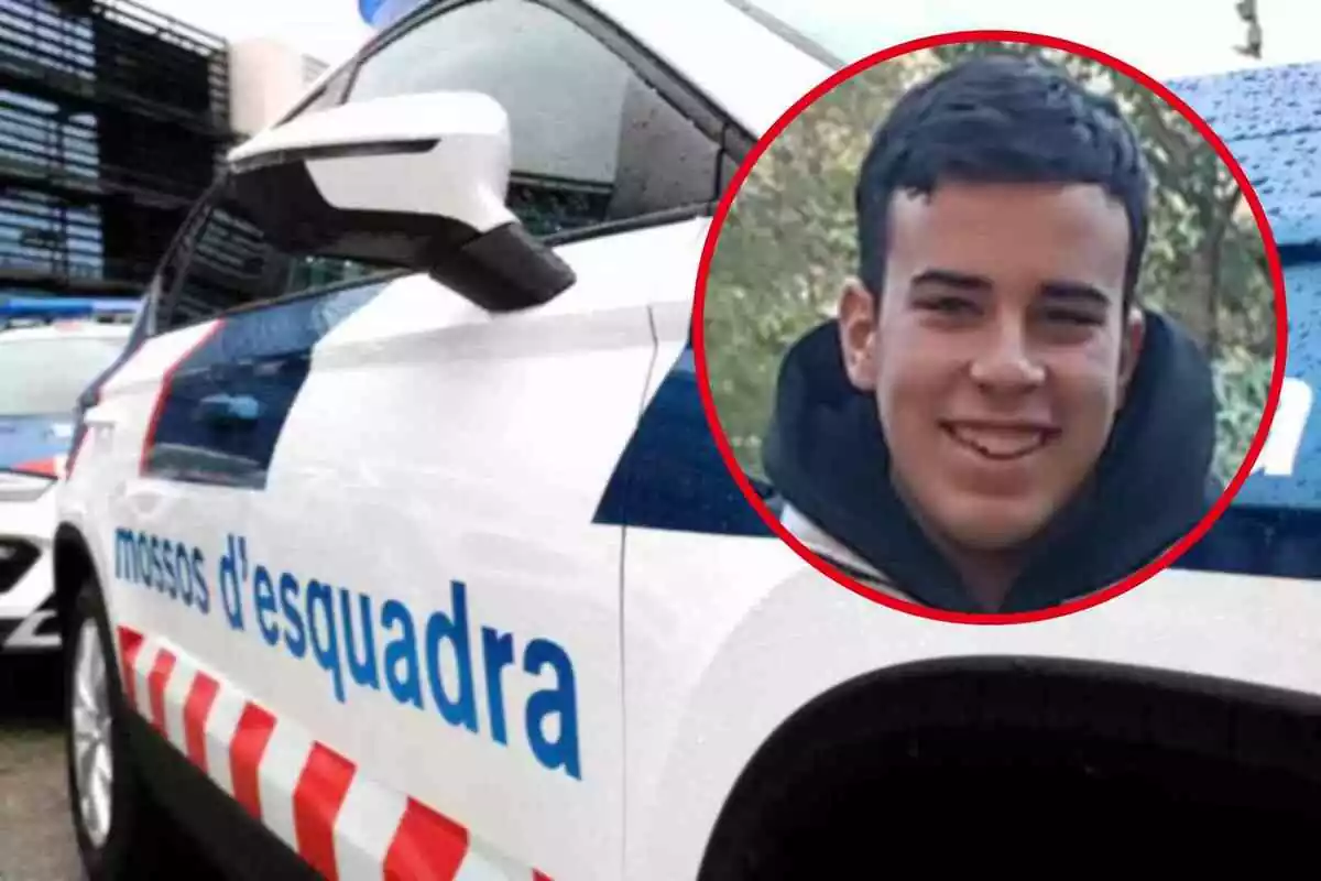 Fotomontaje con una imagen de un coche de Mossos d'Esquadra y una redonda roja con Arnau Díaz