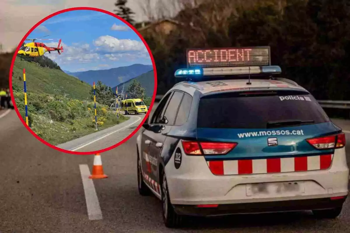 Fotomontaje con una imagen de fondo de un coche de Mossos d'Esquadra en un accidente de tráfico y una redonda roja con el accidente en la C-28
