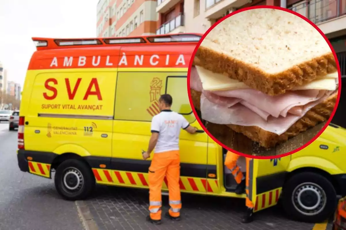 Fotomontaje con una imagen de fondo de una ambulancia de SAMU de Valencia y una redonda roja con un sándwich