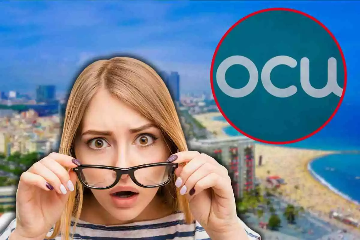 Fotomontaje con una imagen de fondo de Barcelona, al frente una mujer sorprendida y el logo de la OCU en una redonda roja