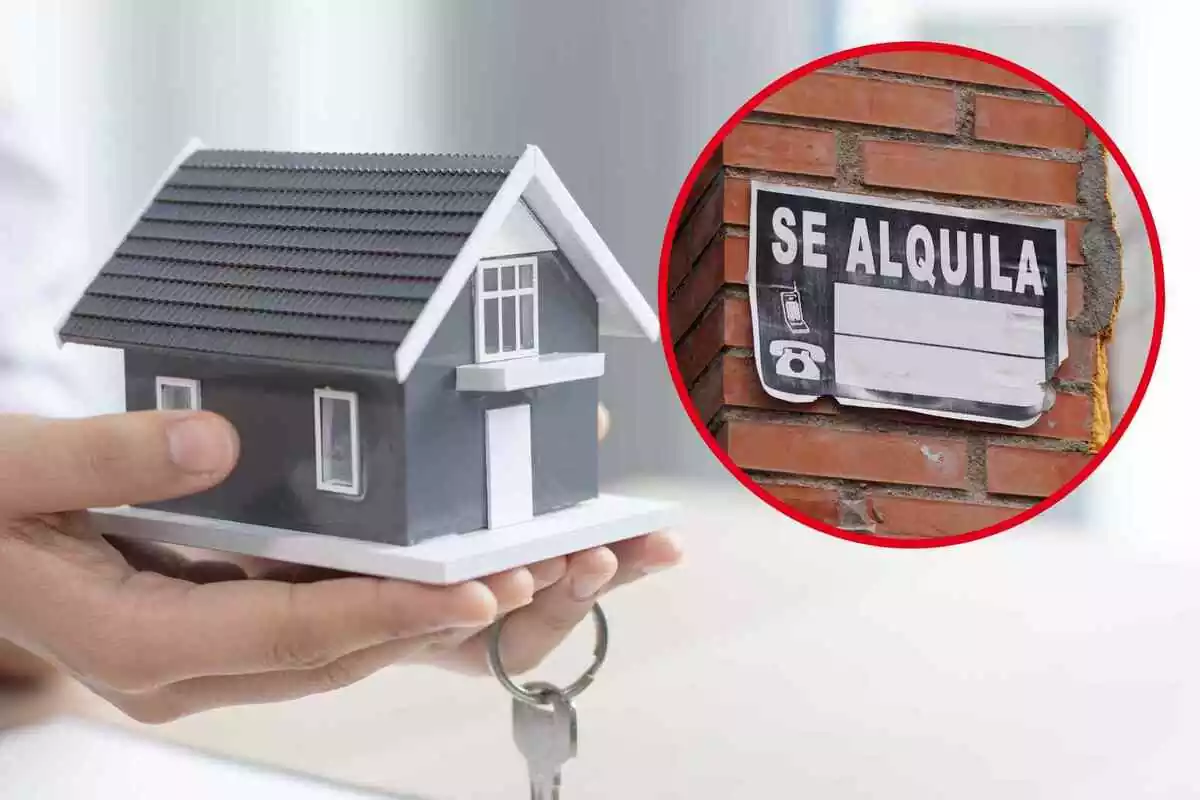 Fotomontaje con una imagen de fondo de una maqueta de una casa y al frente una redonda roja con un cartel de Se alquila