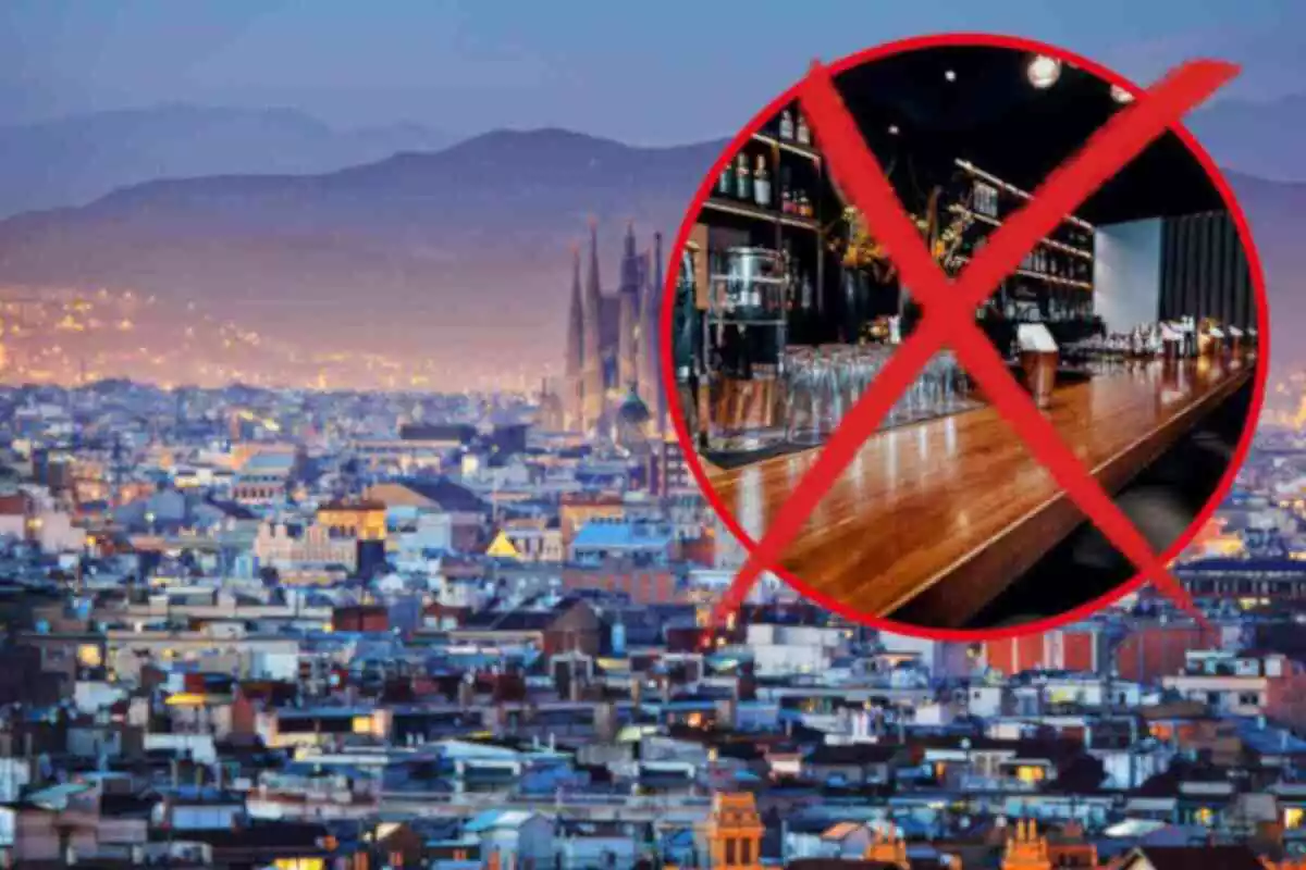 Fotomontaje con una imagen de fondo de Barcelona y al frente una redonda roja con una imagen de un bar y una cruz roja