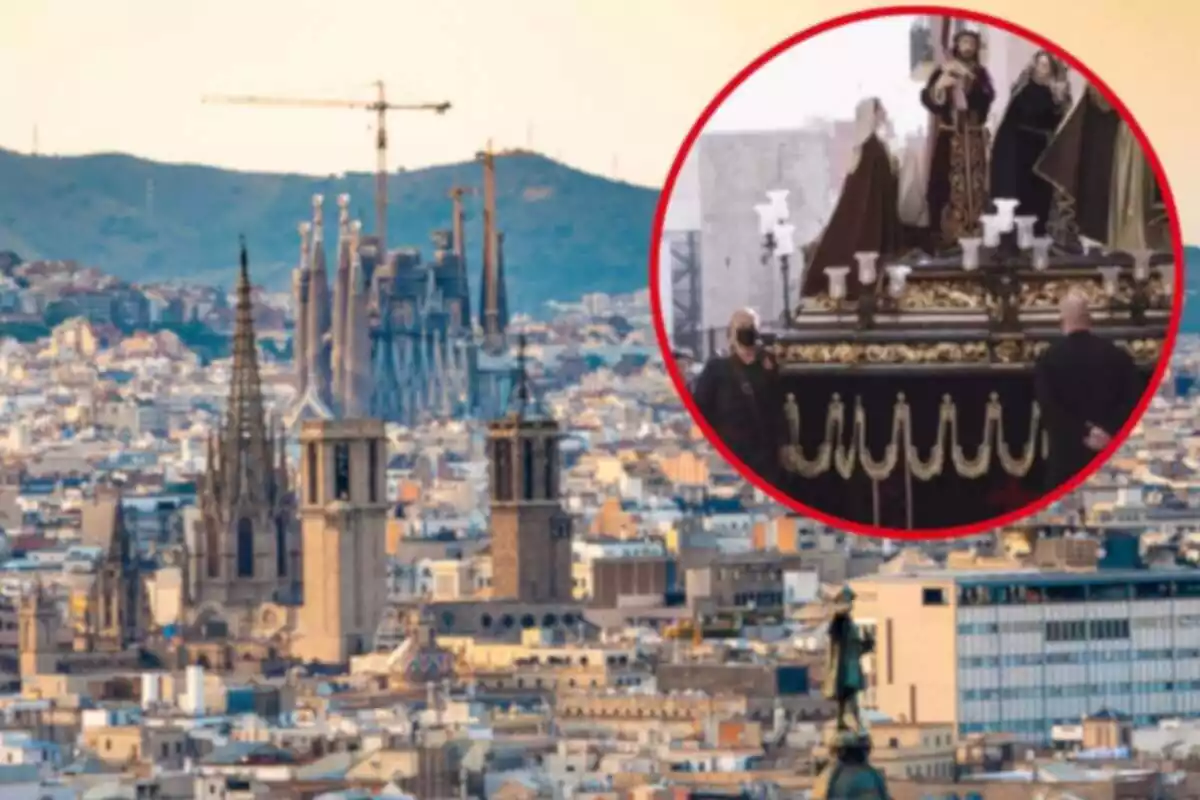 Fotomontaje con una imagen de fondo de Barcelona y al frente una redonda roja con la Semana Santa de Tarragona