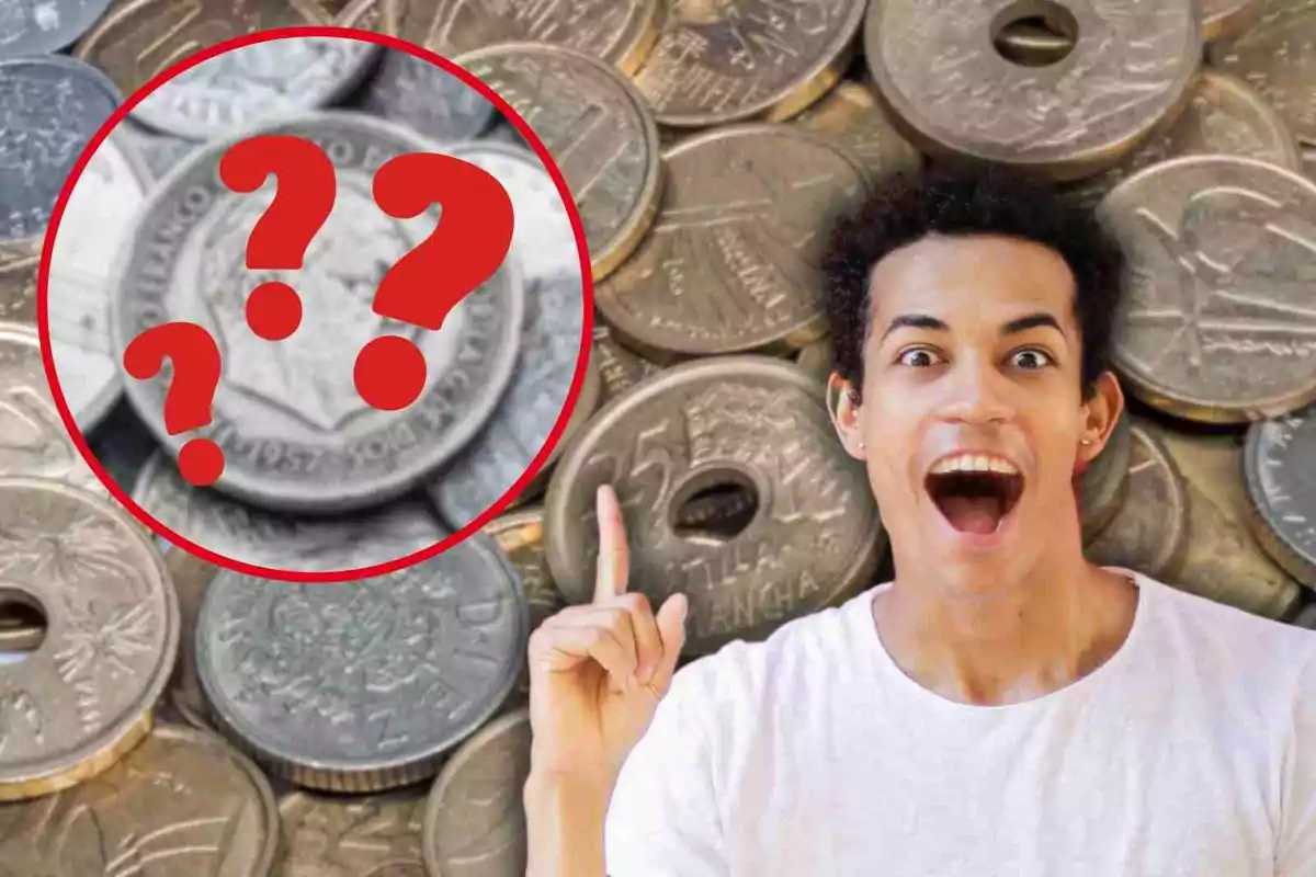 Persona sorprendida señalando hacia un círculo con signos de interrogación rojos sobre un fondo de monedas.