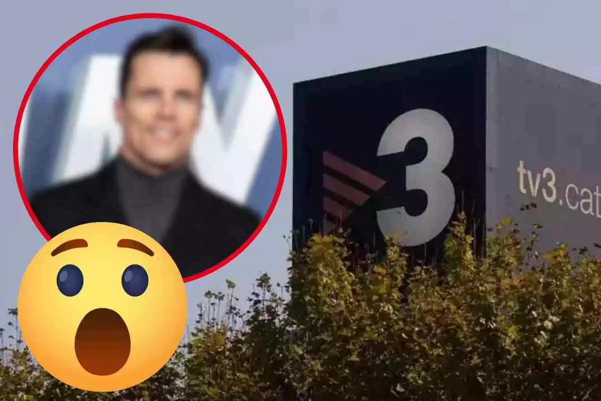 Fotomontaje con una imagen de fondo de TV3 y al frente una redonda roja con la imagen difuminada de Octavi Pujades y un emoji con cara sorprendida