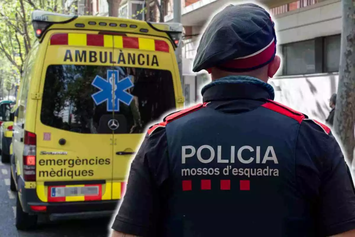 Fotomontaje con una imagen de fondo de una ambulancia del SEM y al frente un agente de espaldas de los Mossos d'Esquadra