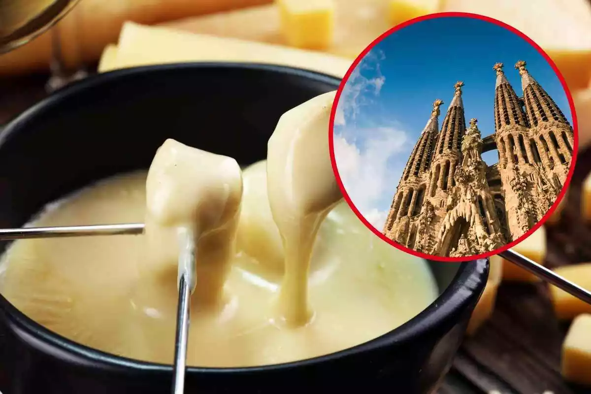 Fotomontaje con una imagen de fondo de una fondue de queso de fondo y al frente una redonda roja con la Sagrada Familia de Barcelona