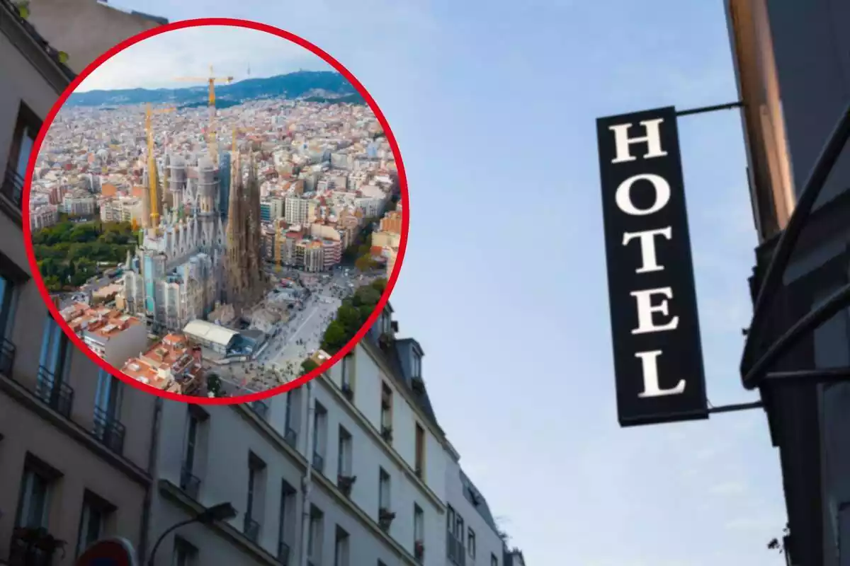Fotomontaje con una imagen de fondo de un hotel y al frente una redonda roja con la ciudad de Barcelona