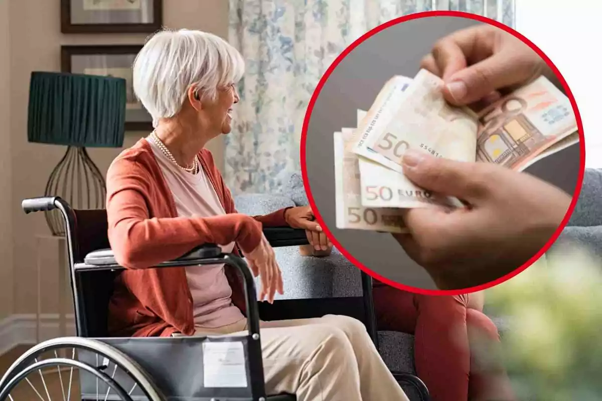 Fotomontaje con una imagen de fondo de una mujer jubilada en silla de ruedas y una redonda roja con una mano con billetes de 50 euros