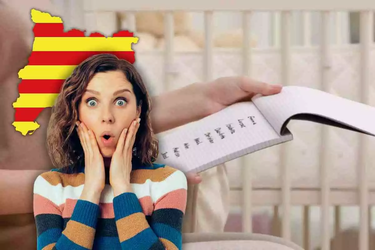 Fotomontaje con una imagen de fondo de una lista de nombres, al frente una mujer sorprendida y una bandera de Cataluña