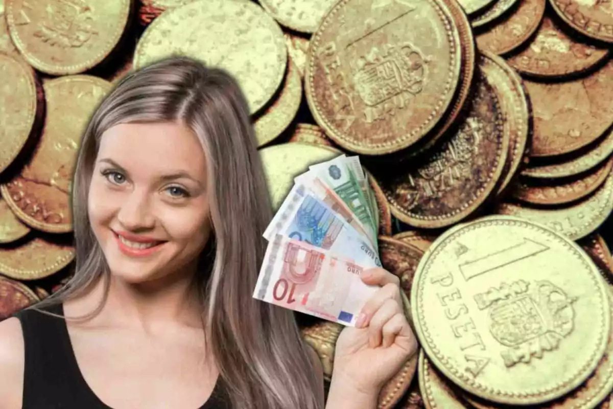 Fotomontaje con una imagen de fondo de pesetas y al frente una mujer con billetes de euro