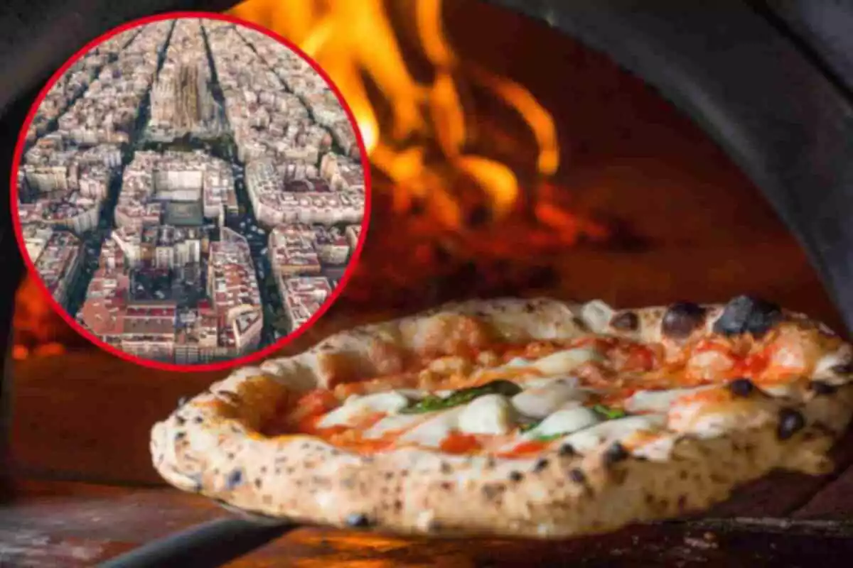 Fotomontaje con una imagen de fondo de una pizza en el horno y al frente una redonda roja con Barcelona