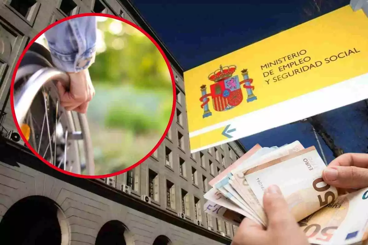 Fotomontaje con una imagen de fondo de la Seguridad Social, al frente una redonda roja con una persona en silla de ruedas y una mano con billetes de euro