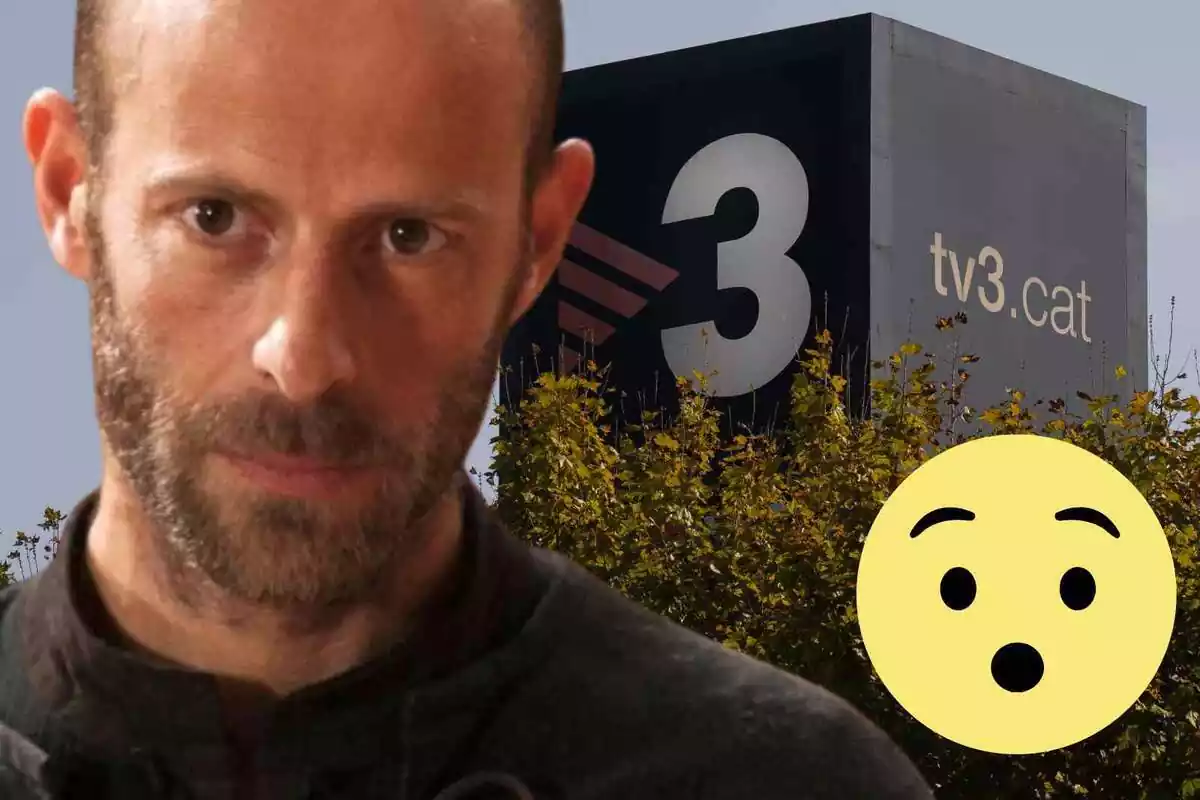 Fotomontaje con una imagen de fondo del logo en los estudios de TV3 y al frente Eduard Farelo y un emoji sorprendido