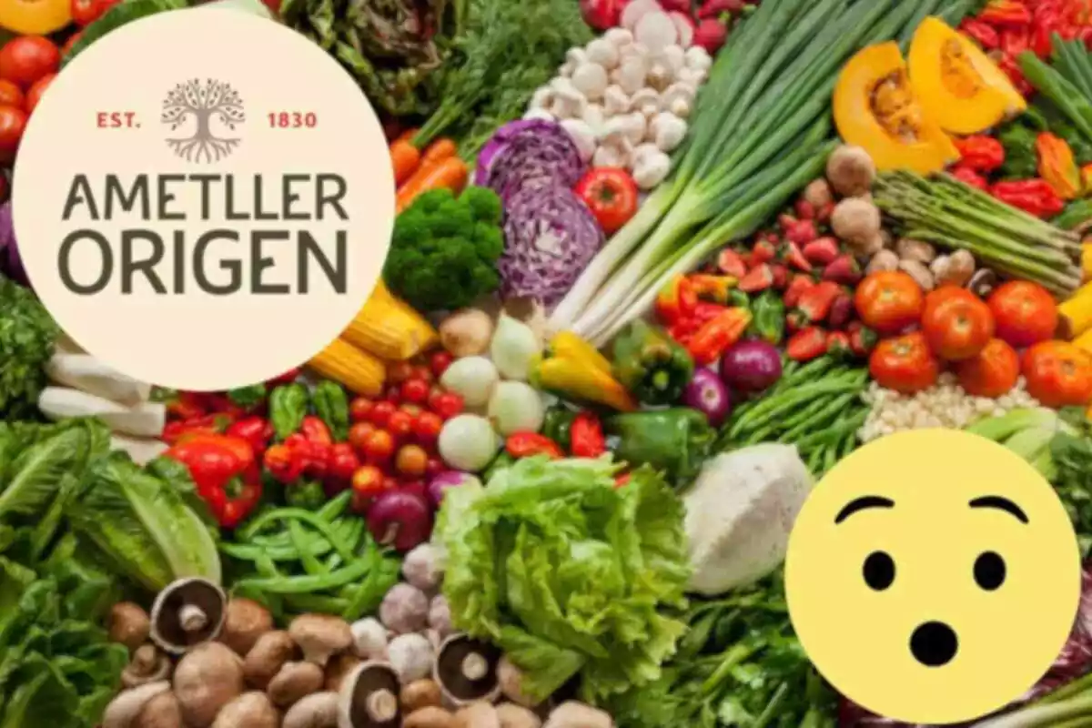 Fotomontaje con una imagen de fondo de frutas y verduras y al frente el logo de Ametller Origen y una cara de un emoji sorprendido