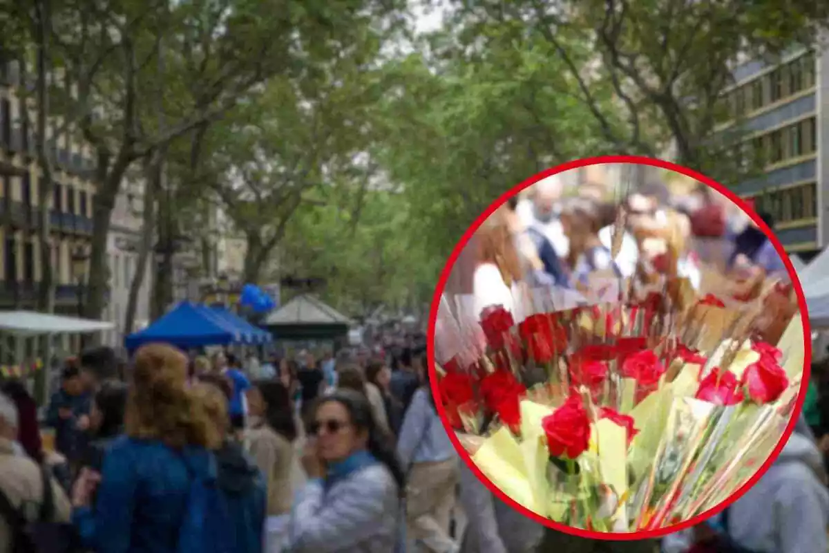 Fotomontaje con una imagen de fondo de la ciudad de Barcelona durante la Diada de Sant Jordi y al frente una redonda roja con rosas