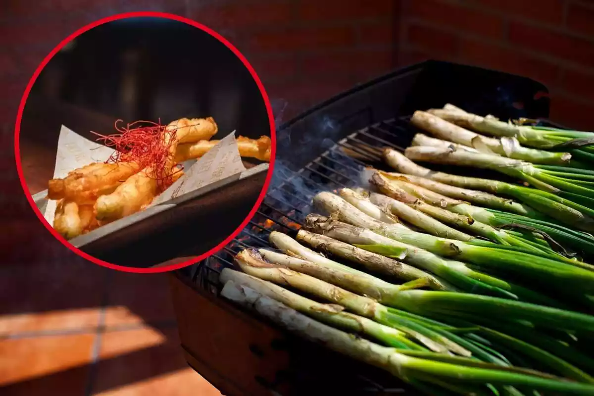 Fotomontaje con una imagen de fondo de unos calçots y al frente una redonda roja con el plato de Barra Alta Madrid