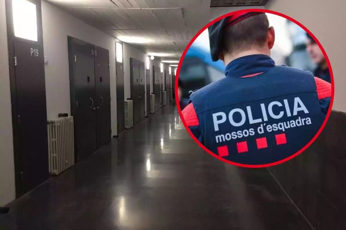 Fotomontaje de una imagen de fondo del centro penitenciario Mas d'Enric de Tarragona y al frente una redonda roja con un agente de los Mossos d'Esquadra